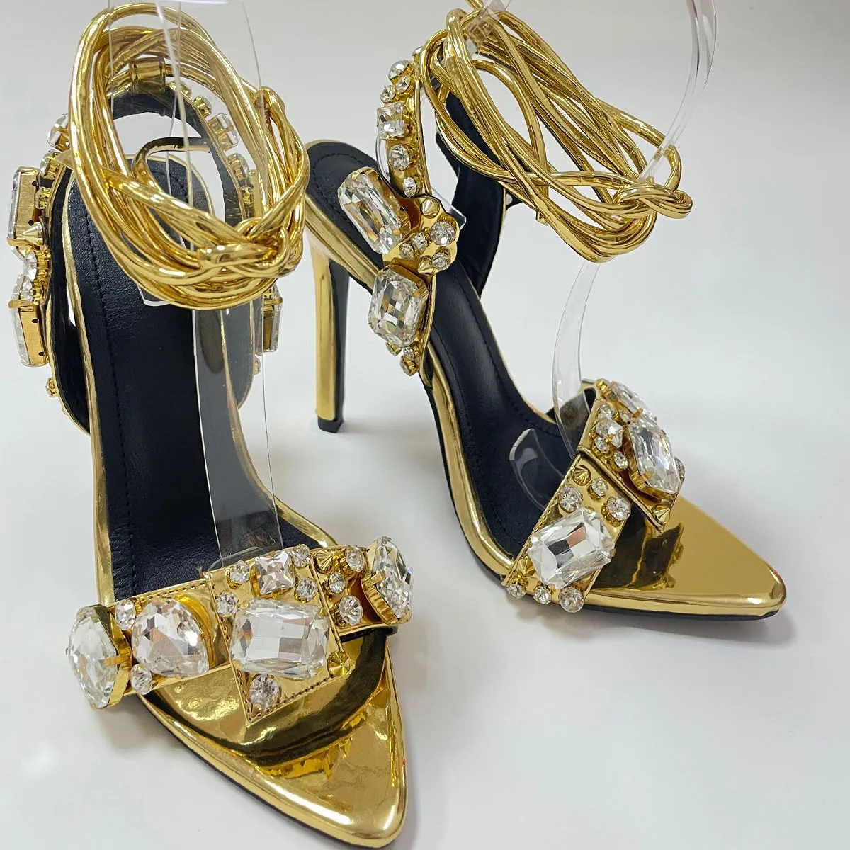 Sexy Cross Strap Rhinestone Stiletto Heel Sandals