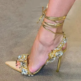 Sexy Cross Strap Rhinestone Stiletto Heel Sandals