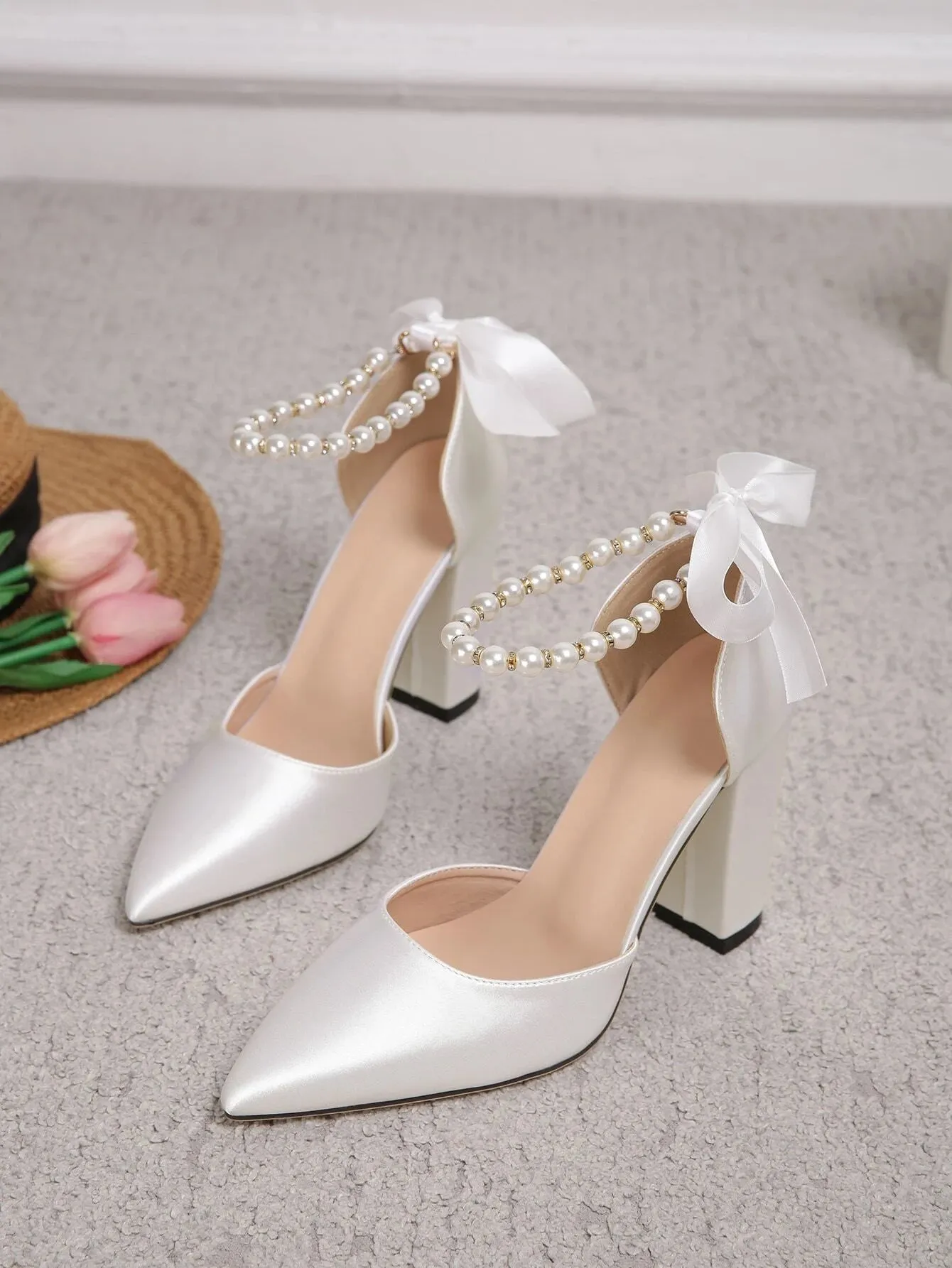 SHEIN Faux Pearl Decor Point Toe Chunky Heeled Satin Ankle Strap Pumps