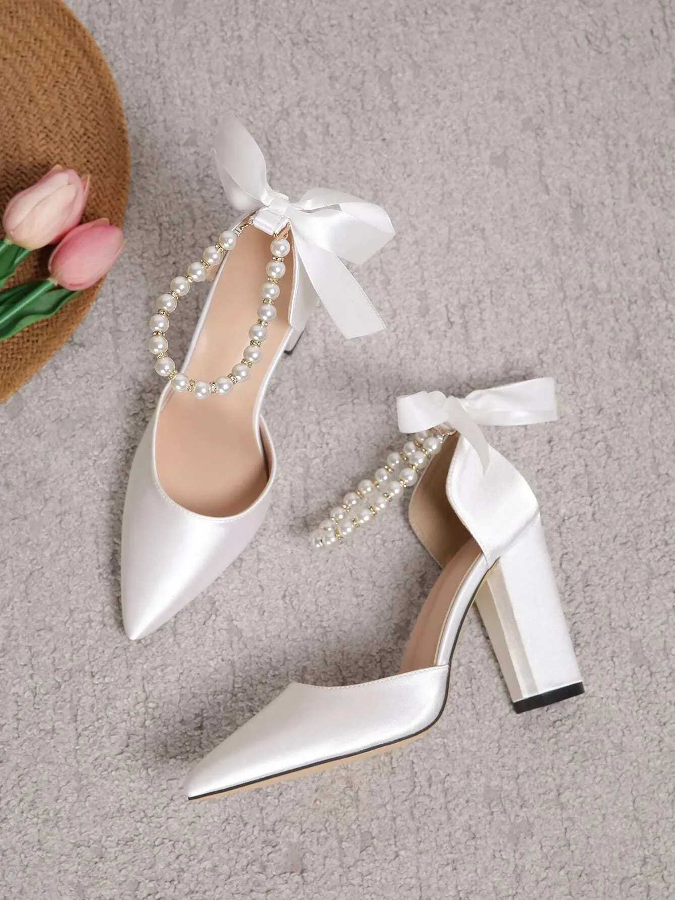 SHEIN Faux Pearl Decor Point Toe Chunky Heeled Satin Ankle Strap Pumps