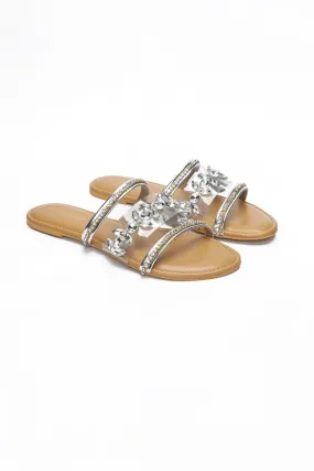 Silver Crystal Embellished Strappy Flats