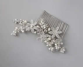 Silver Flower and Pearl Bridal Comb