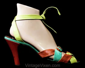Size 8 1940s Tropical Sandals - 40s Open Toe Leather Shoes with Sexy Ankle Strap - Coral Orange Chartreuse Yellow Jade Green - Narrow Width