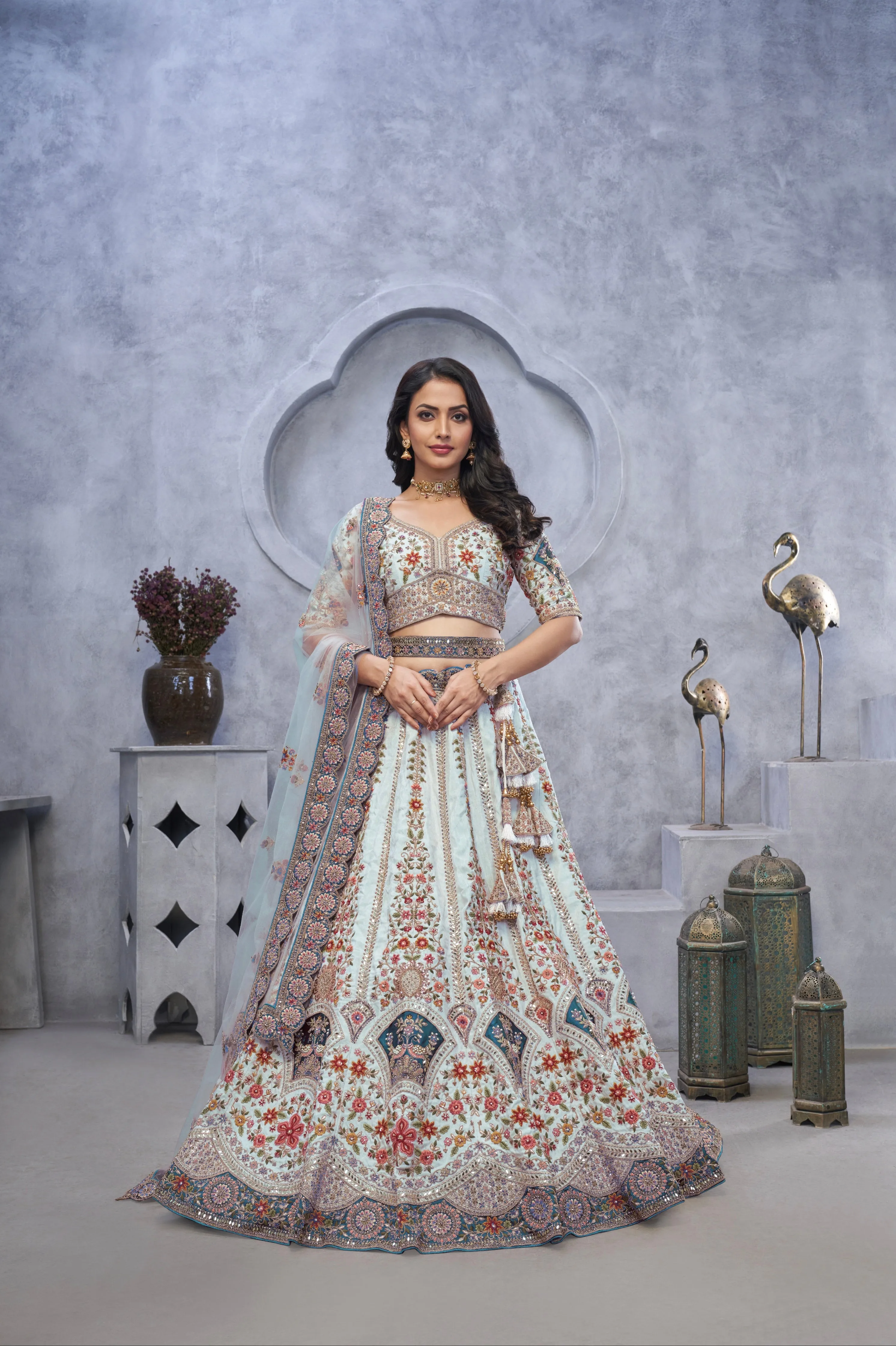 Sky Blue Organza Silk Lehenga with Zari Embroidery & Velvet Patches
