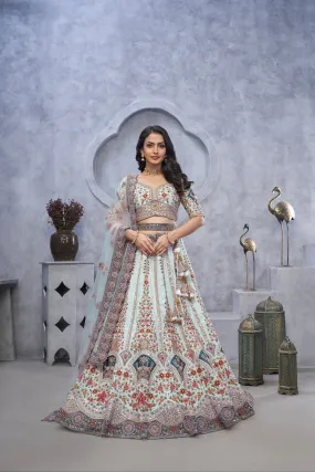 Sky Blue Organza Silk Lehenga with Zari Embroidery & Velvet Patches