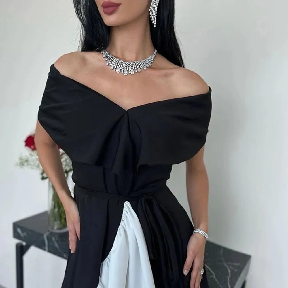 TAVIMART  -  Black White Arabic Prom Dresses Off The Shoulder Satin Formal Dress Outfits Evening Party Gowns Women Wedding Wear
