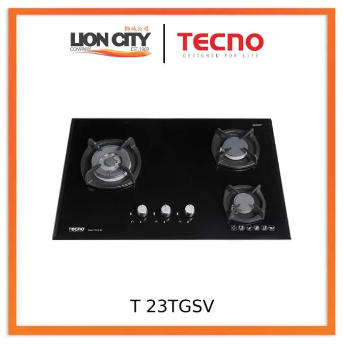 Tecno Uno T 23 TGSV  Toughened Glass Hob (SCHOTT)  75cm, V.V.S, INFERNO* (Big Burner) 3 Burners (1x Big, 1x Medium, 1x Small)
