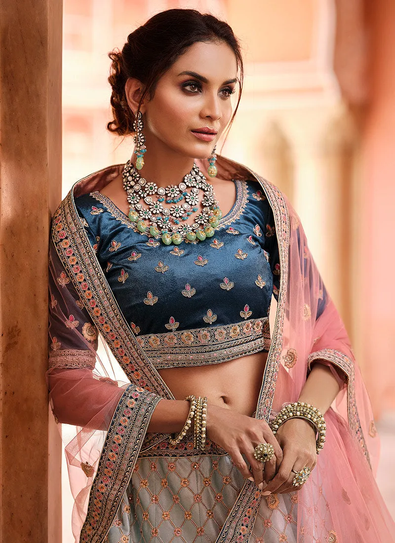Turquoise And White Zari Embroidered Wedding Lehenga Choli