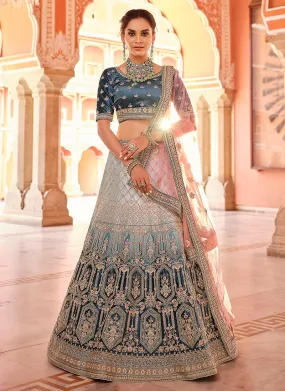 Turquoise And White Zari Embroidered Wedding Lehenga Choli
