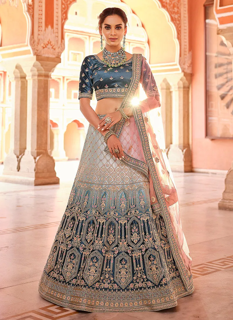 Turquoise And White Zari Embroidered Wedding Lehenga Choli