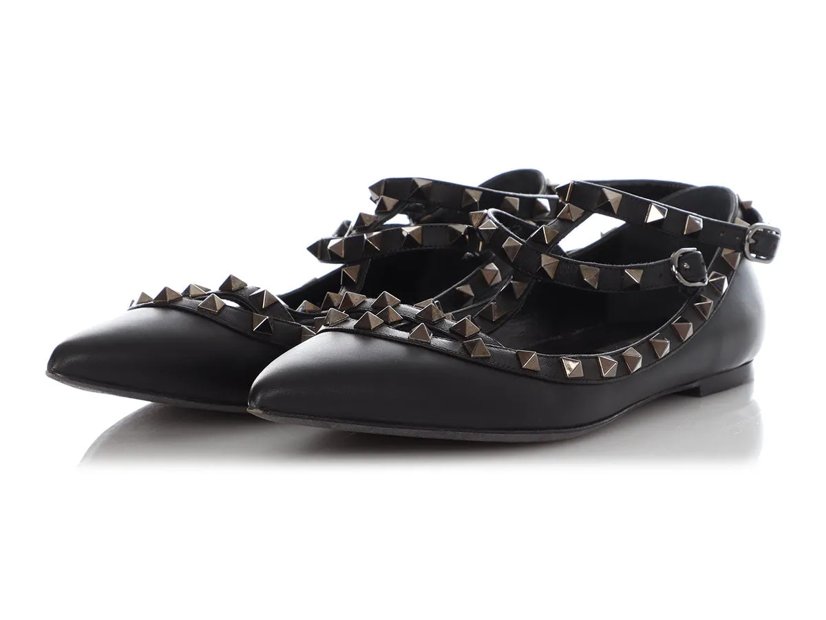 Valentino Black Rockstud Ankle Strap Flats