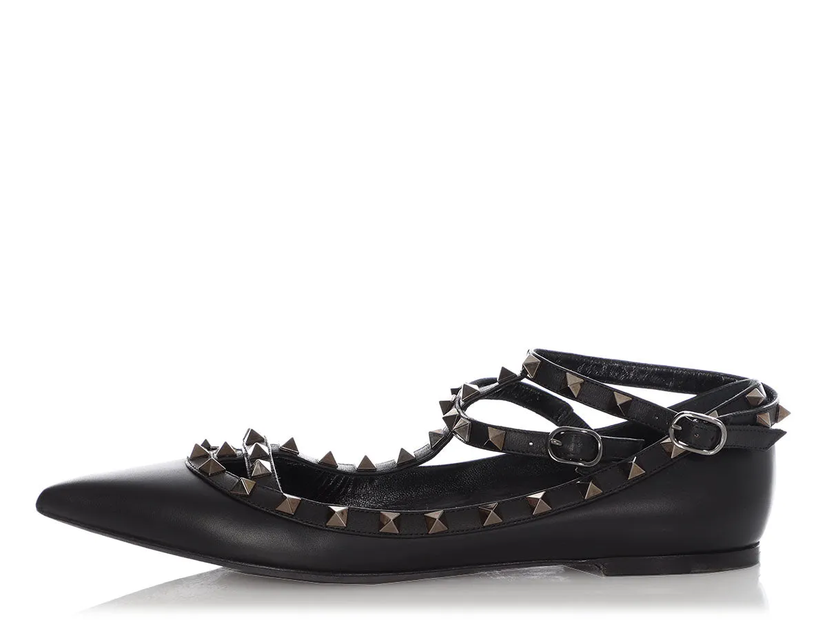 Valentino Black Rockstud Ankle Strap Flats