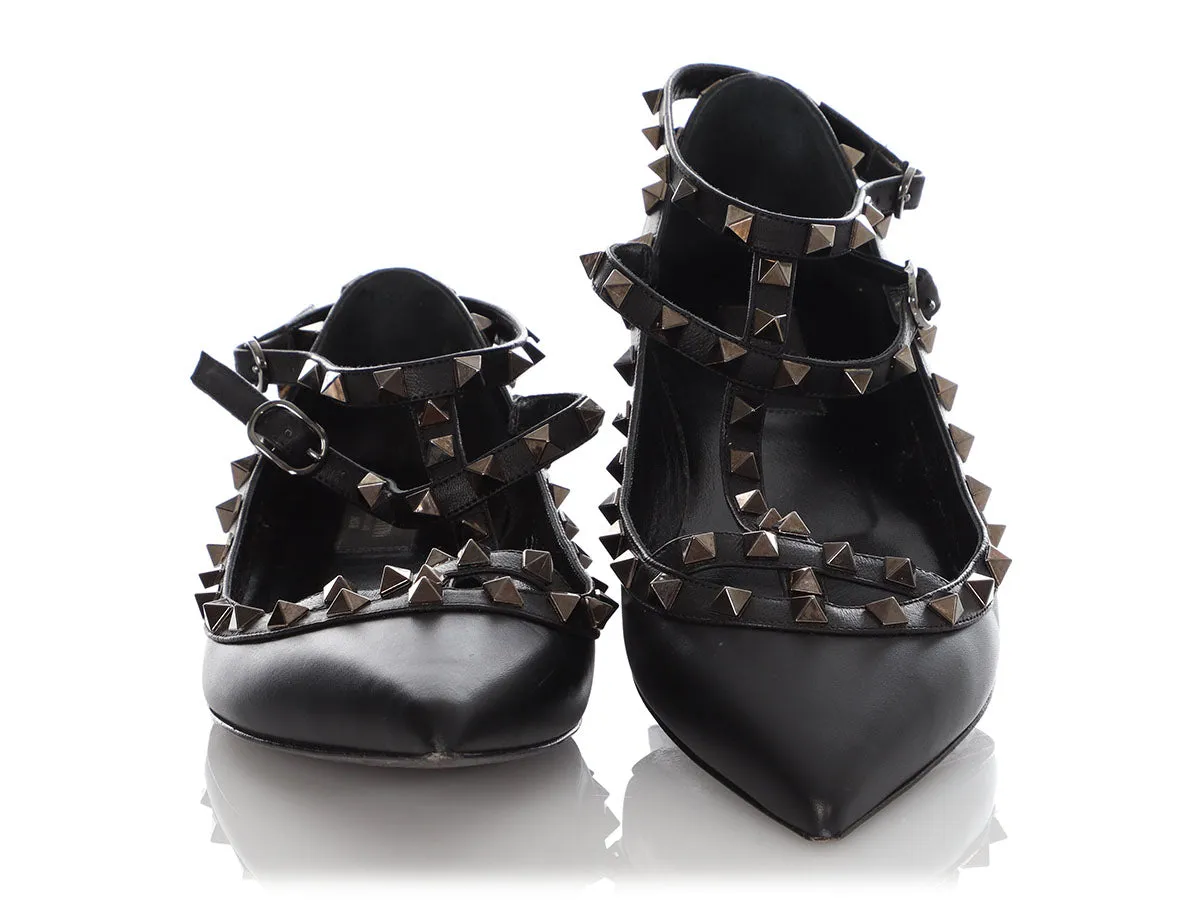 Valentino Black Rockstud Ankle Strap Flats