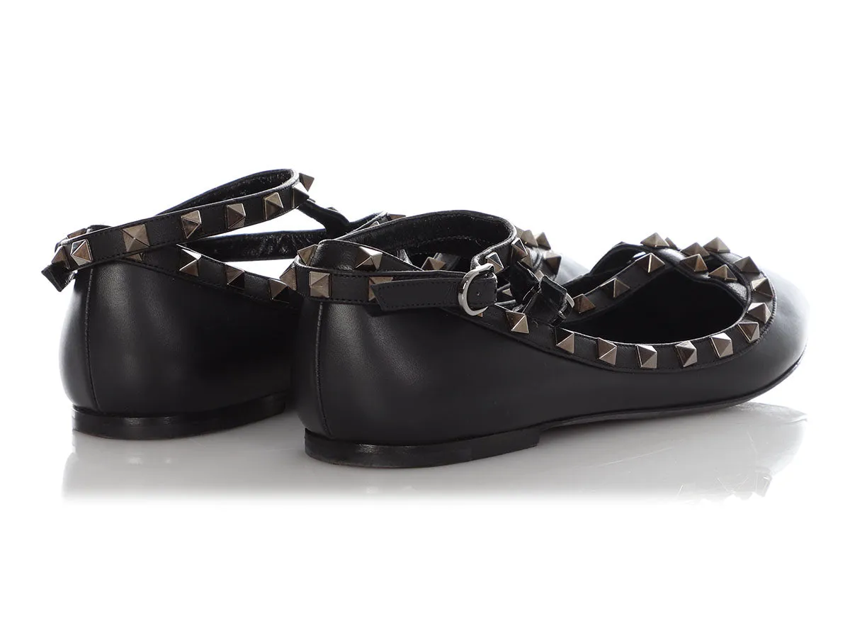 Valentino Black Rockstud Ankle Strap Flats