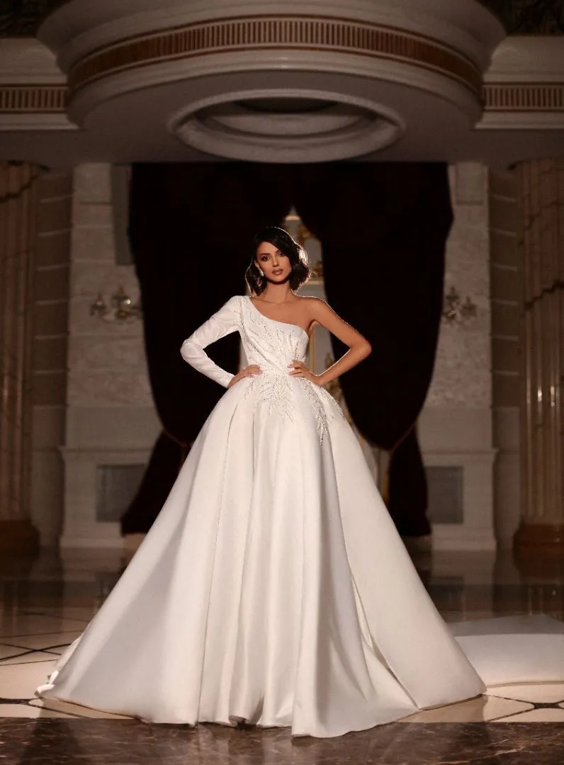 Violet  Elegant One Sleeve White Wedding Dress