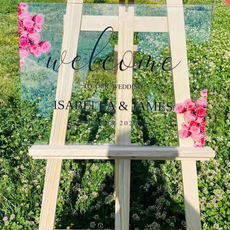 Wedding Welcome Sign, Floral Design Custom UV Print Glass Wedding Sign