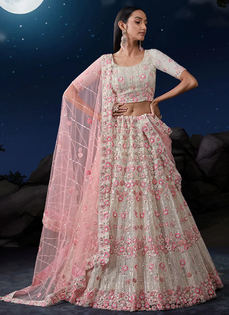 White And Pink Multi Embroidery Designer Wedding Lehenga Choli