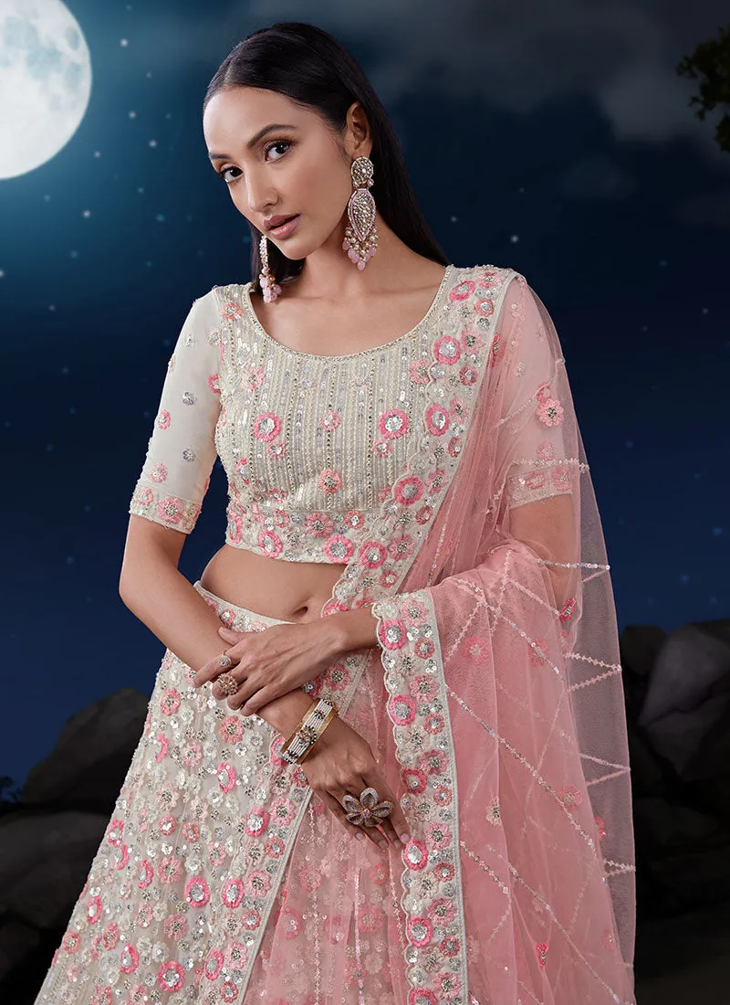 White And Pink Multi Embroidery Designer Wedding Lehenga Choli