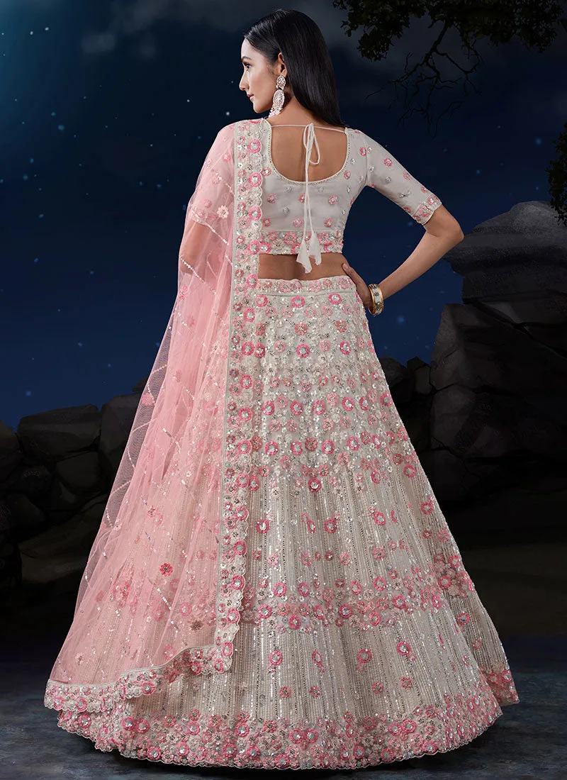 White And Pink Multi Embroidery Designer Wedding Lehenga Choli