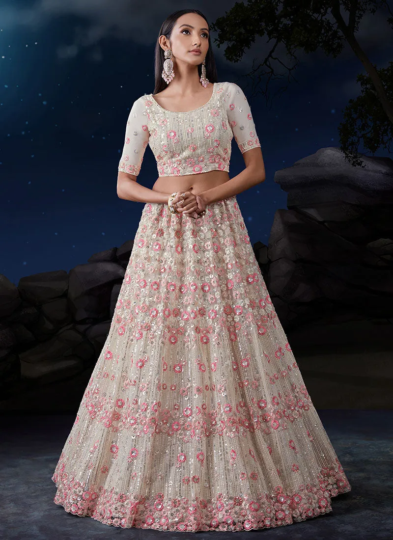 White And Pink Multi Embroidery Designer Wedding Lehenga Choli