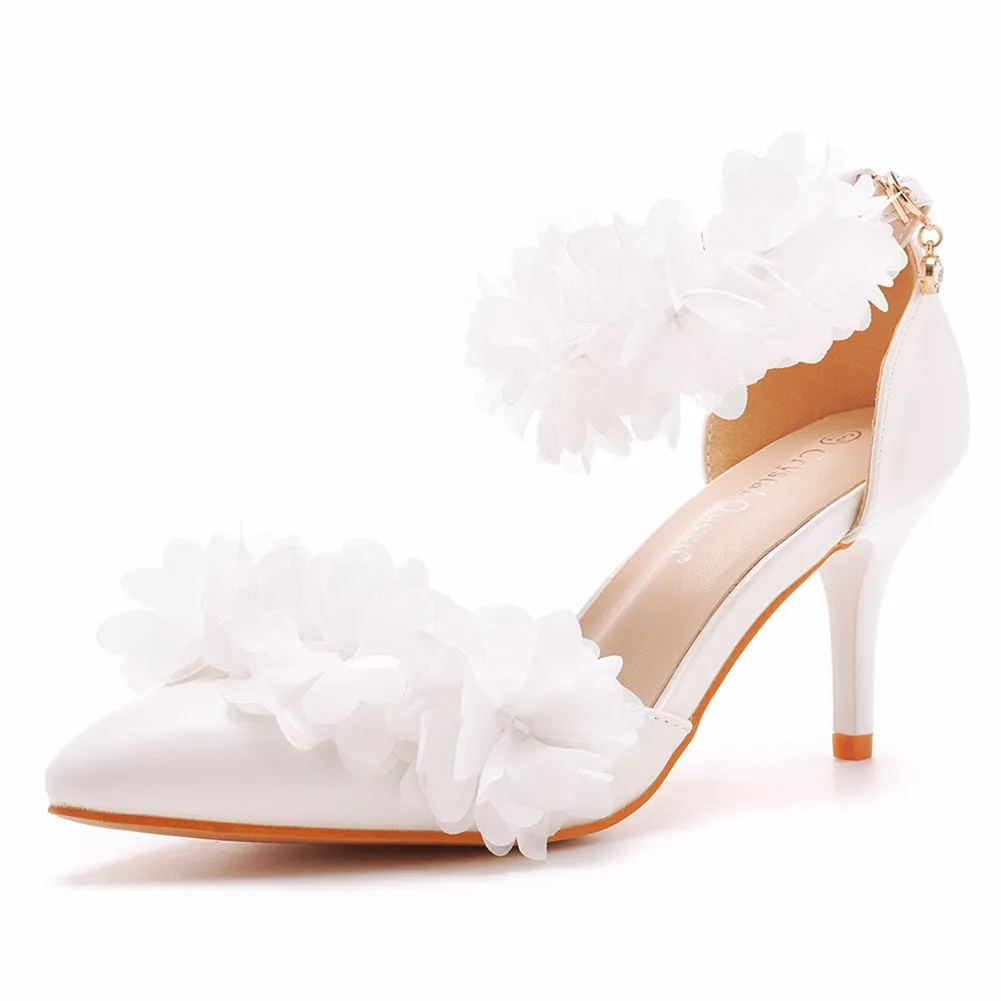 White Flowers Pointed Toe Ankle Strap High Heels