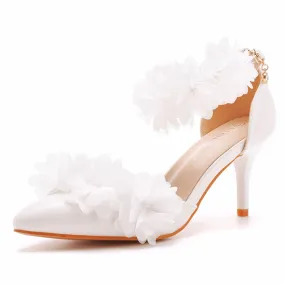 White Flowers Pointed Toe Ankle Strap High Heels