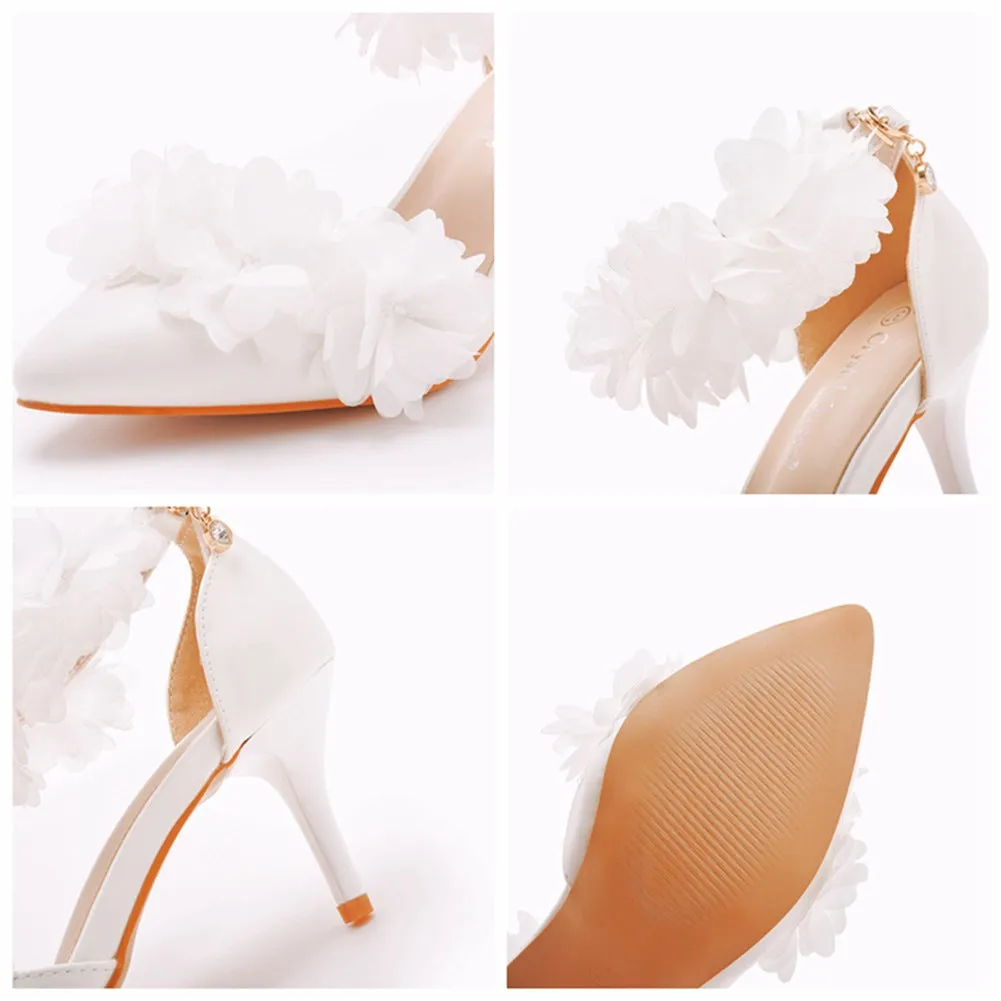 White Flowers Pointed Toe Ankle Strap High Heels