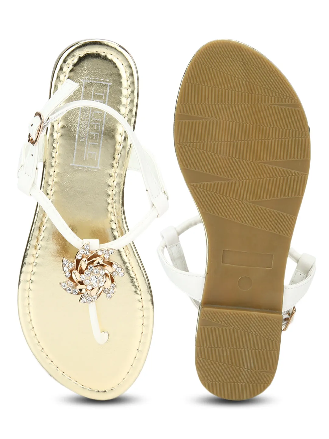 White Rose Embellished Ankle Strap Flat Sandals