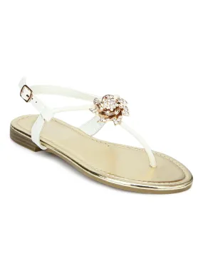 White Rose Embellished Ankle Strap Flat Sandals