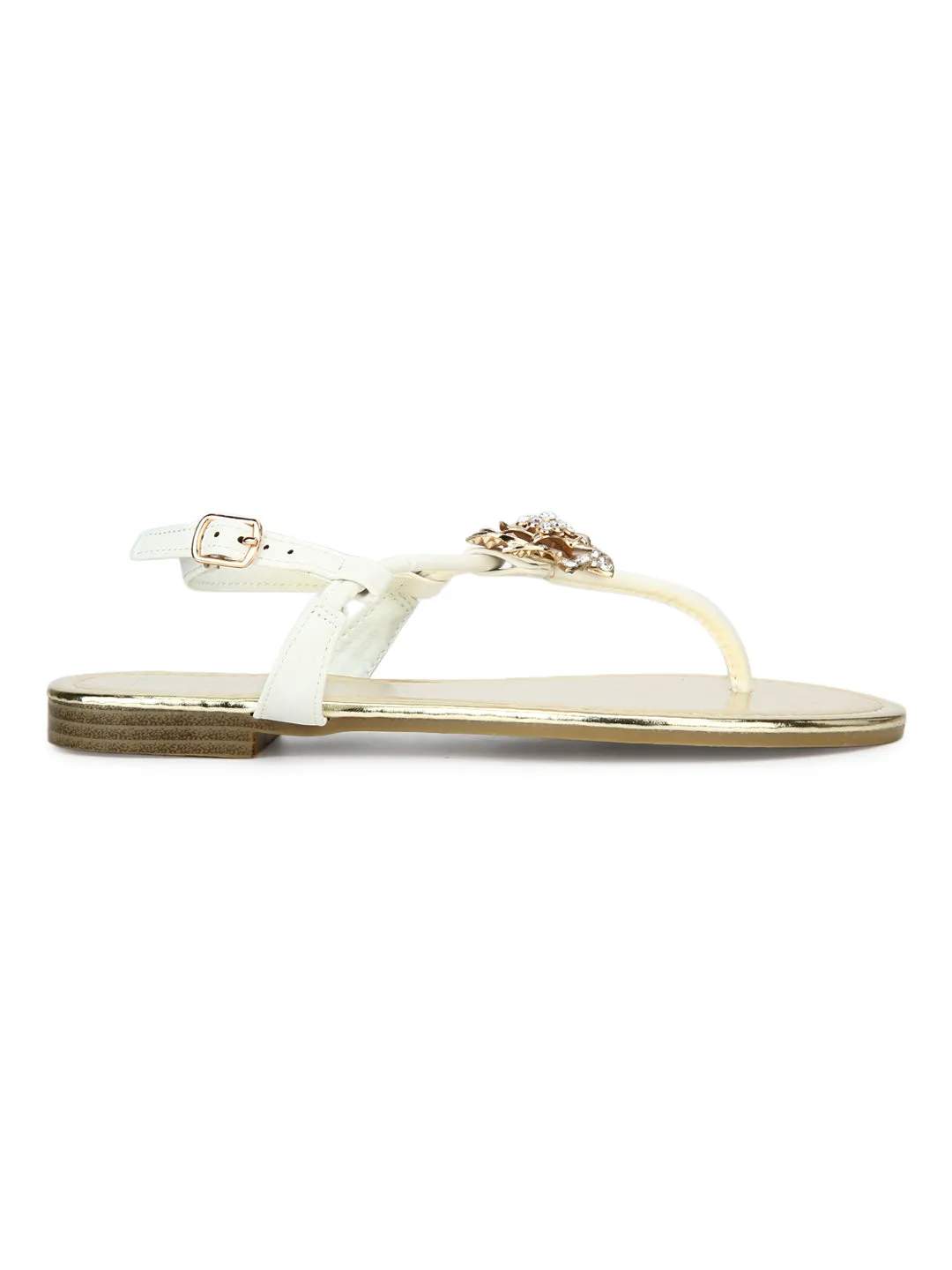 White Rose Embellished Ankle Strap Flat Sandals