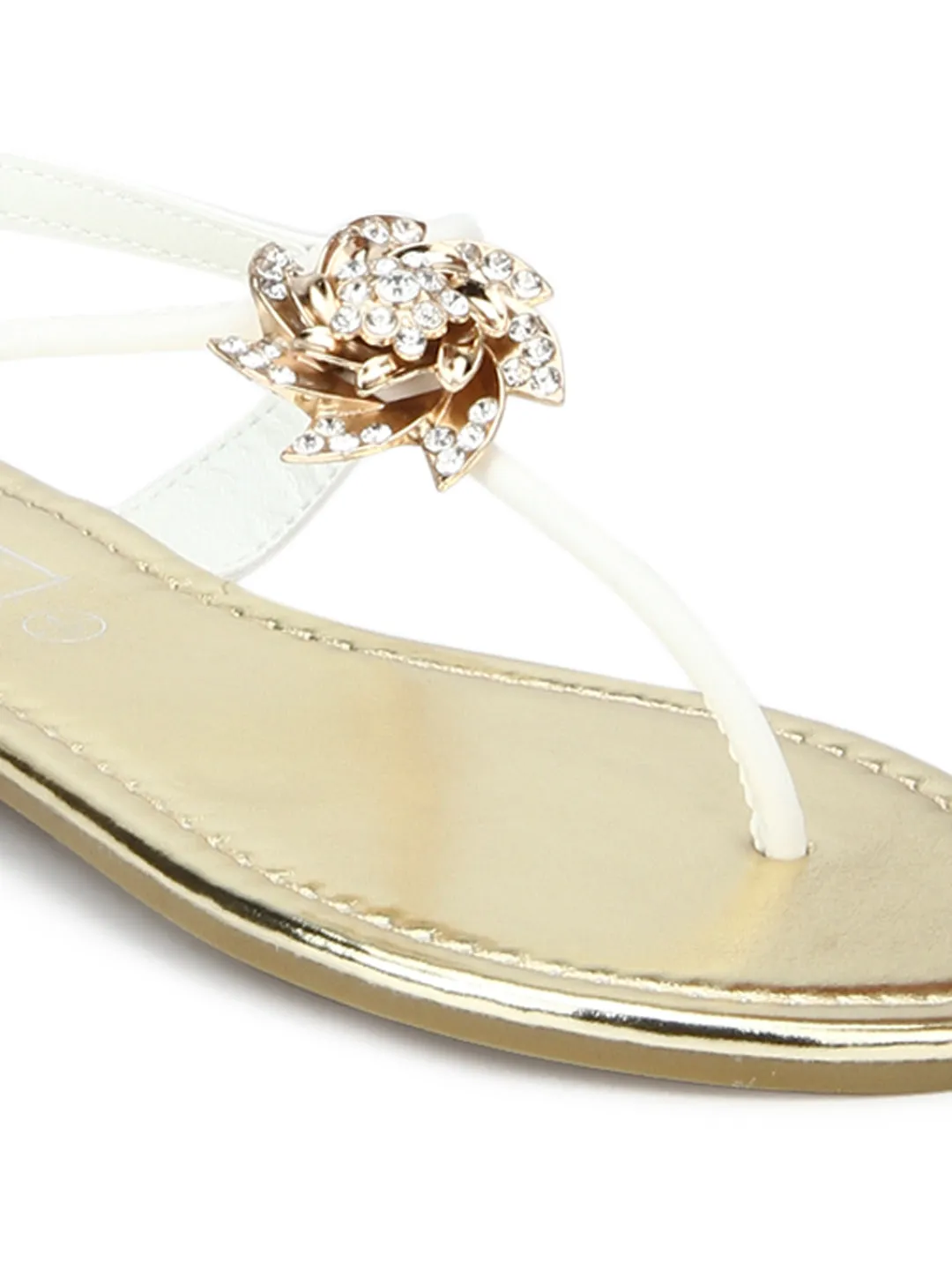 White Rose Embellished Ankle Strap Flat Sandals