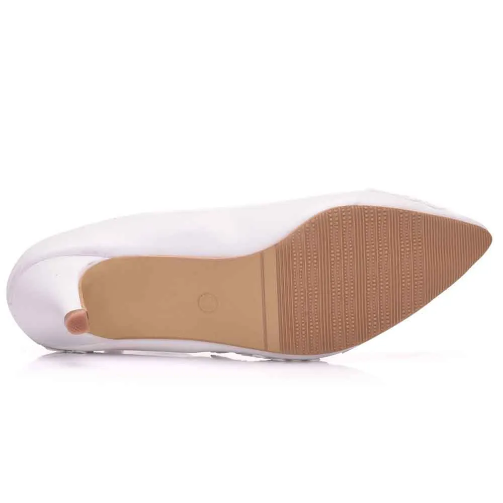 Women Low Heels Closed Toe Pumps Pointy Wedding Bridal Shoes with Stitching Lace