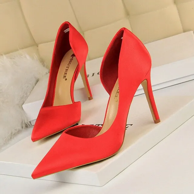 Women Satin Pointed Toe High Heels Dress Wedding Shoes