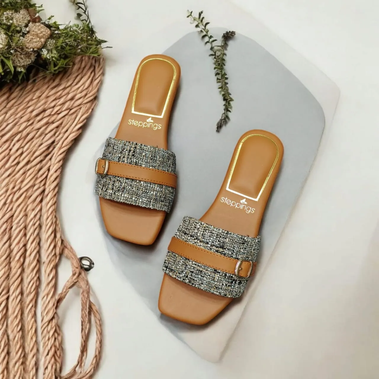 Women Stylishr Brown  Embellished Flat Sandals Grey