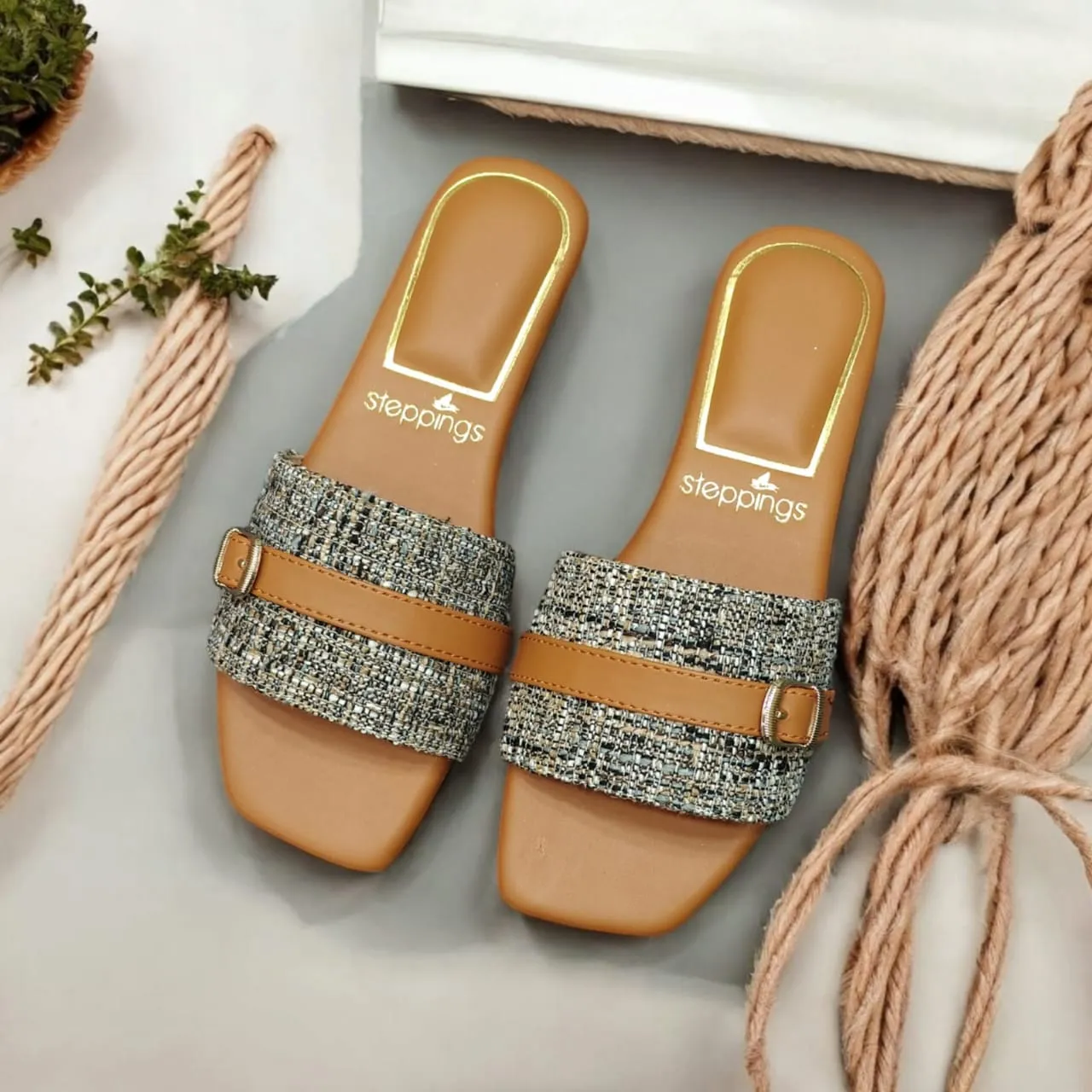 Women Stylishr Brown  Embellished Flat Sandals Grey