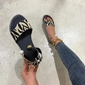 Women's Faux Pearl Metal Ankle Strap Flat Sandals