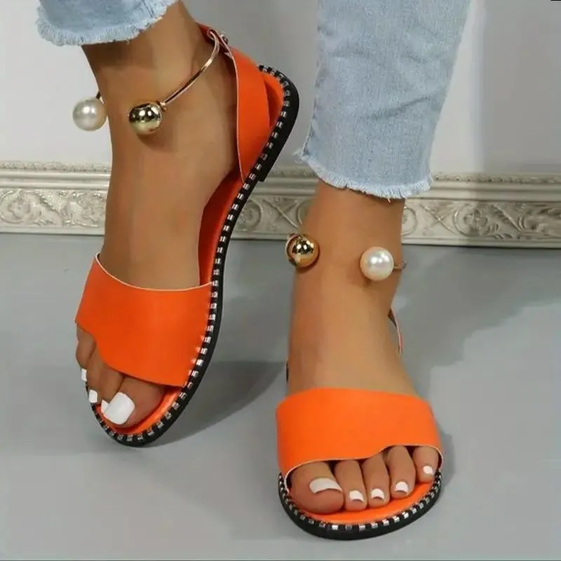 Women's Faux Pearl Metal Ankle Strap Flat Sandals