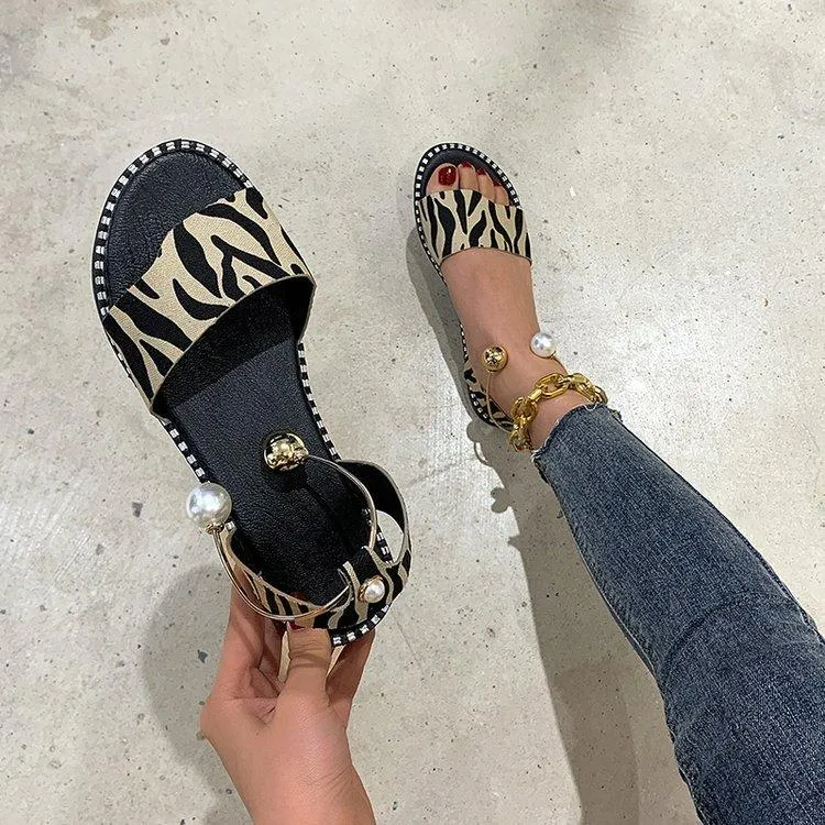 Women's Faux Pearl Metal Ankle Strap Flat Sandals