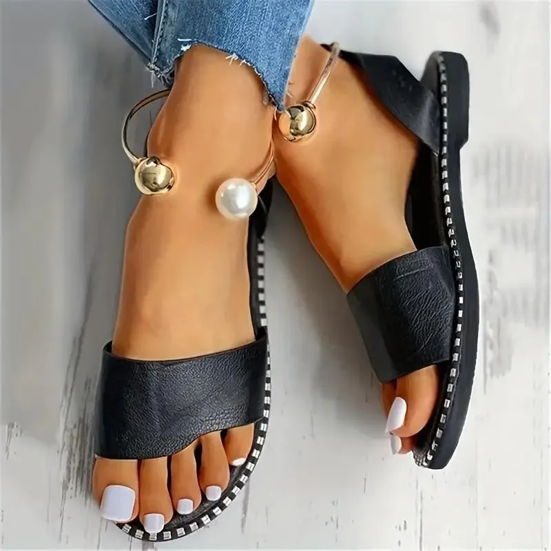 Women's Faux Pearl Metal Ankle Strap Flat Sandals
