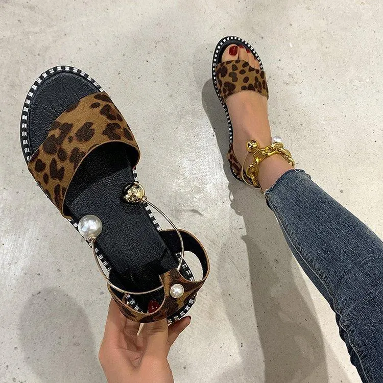 Women's Faux Pearl Metal Ankle Strap Flat Sandals