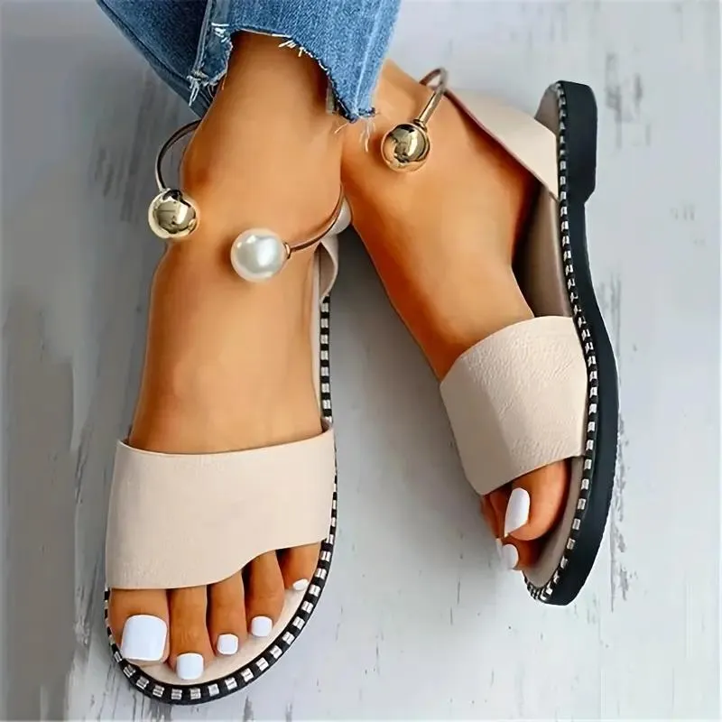 Women's Faux Pearl Metal Ankle Strap Flat Sandals