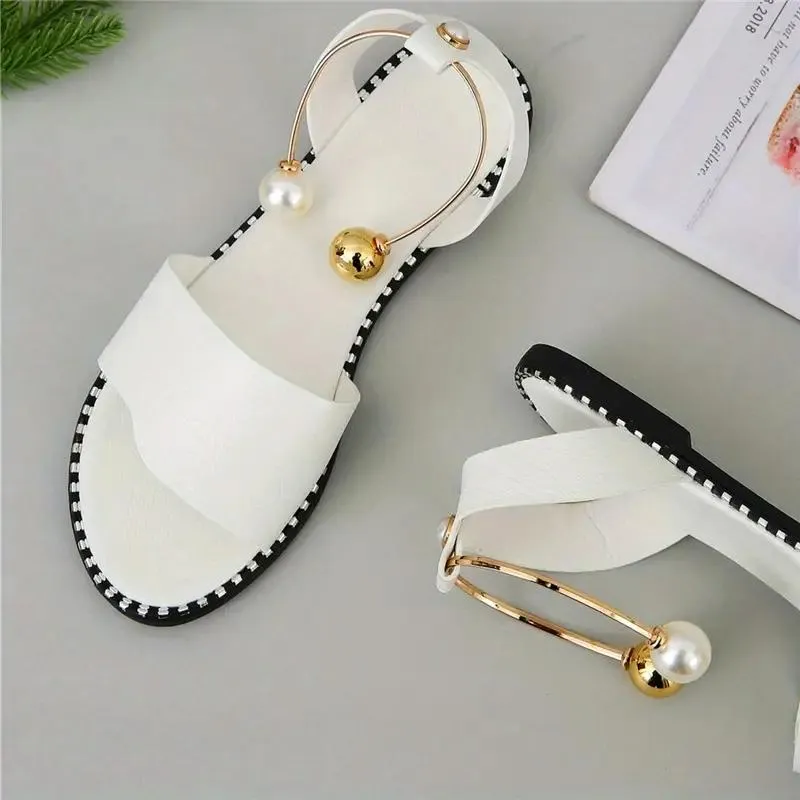 Women's Faux Pearl Metal Ankle Strap Flat Sandals