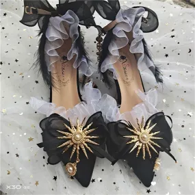 xiangtuibao Gothic Girls Black Feather Bowknot Gold Sun Lolita Shoes Metal Pearl Chain Pointed Sandals Mid Heel Victoria Cos Lolita Shoes