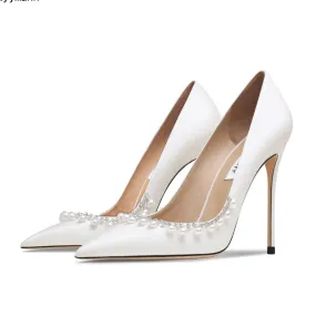 xiangtuibao New Spring Women For Fashion Pointed Toe Stiletto Pumps Sexy White String Bead Wedding Shoes High Heels Party Dress Shoes V