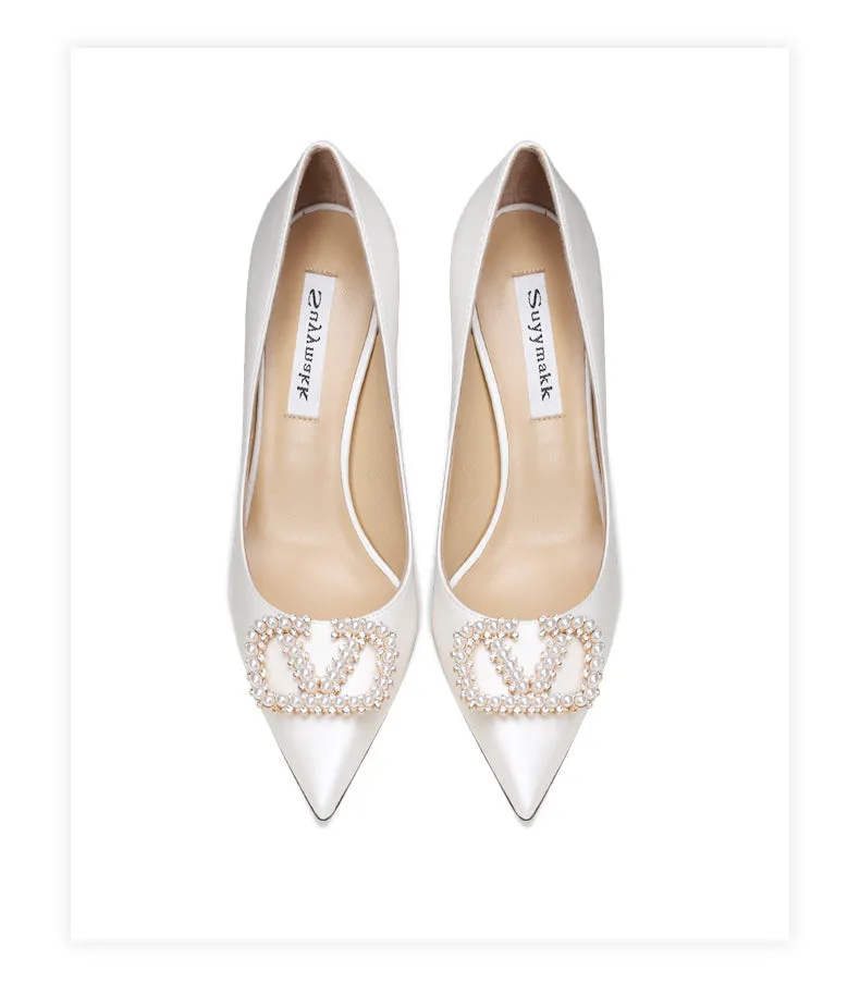 xiangtuibao New Spring Women For Fashion Pointed Toe Stiletto Pumps Sexy White String Bead Wedding Shoes High Heels Party Dress Shoes V