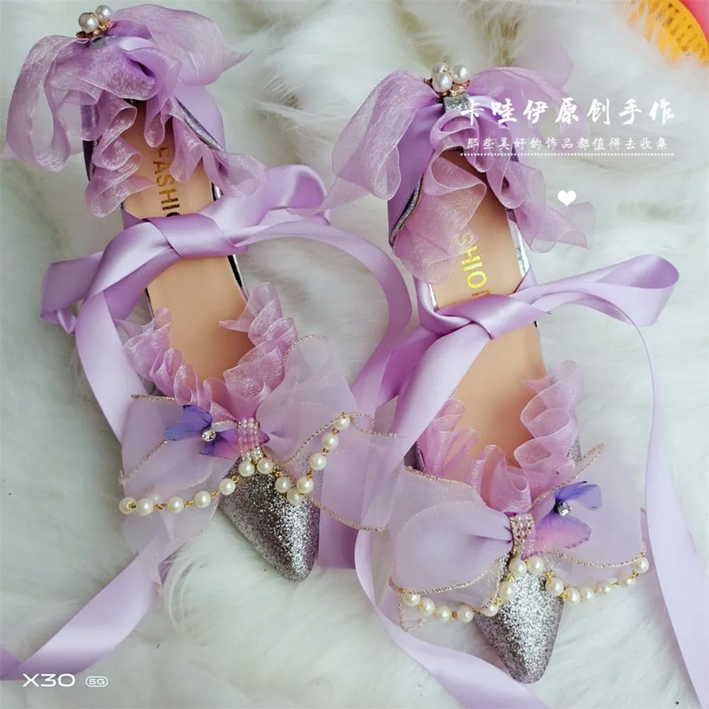 xiangtuibao Sweet Girls Summer Purple Pearl Chain Lace Big Bowknot Lolita Shoes Cute Princess Victoria Pointed Sandals Cosplay Lolita Shoes