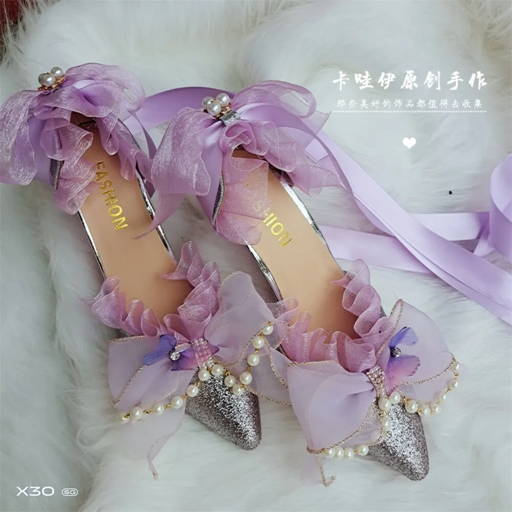 xiangtuibao Sweet Girls Summer Purple Pearl Chain Lace Big Bowknot Lolita Shoes Cute Princess Victoria Pointed Sandals Cosplay Lolita Shoes